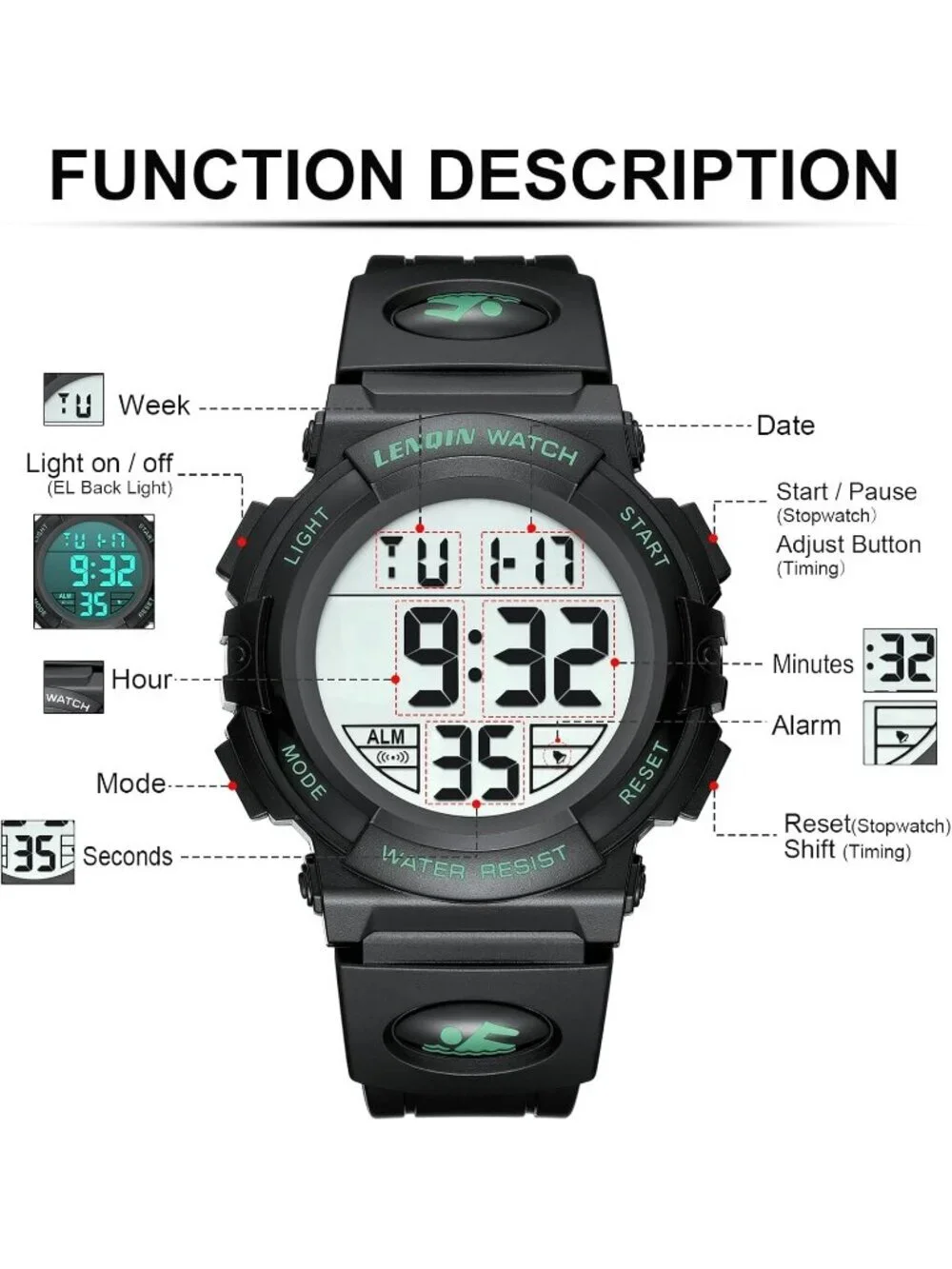 Men's Black Green Analog Quartz Waterproof Tactical Digital Alarm Wrist Watch
